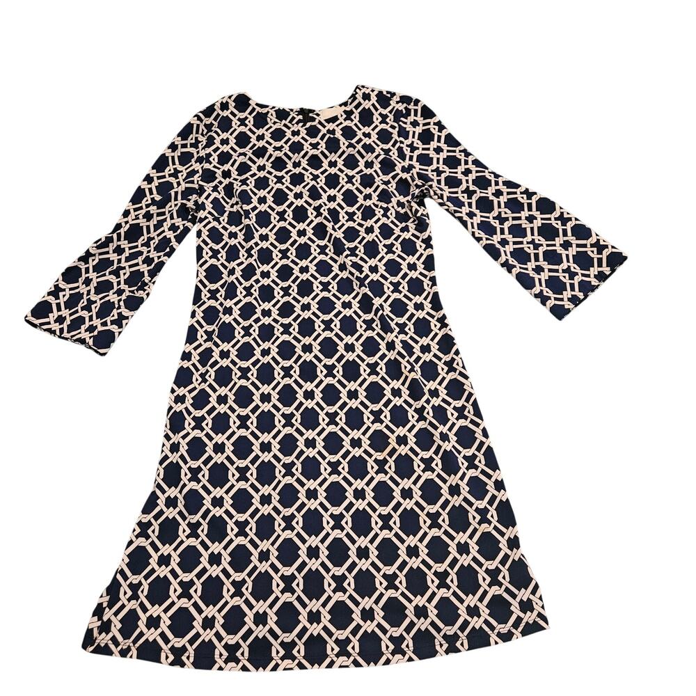 Julie Brown Blue White Geometric Print Bell Sleeve Shift Dress Medium